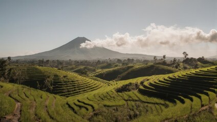 Rolling green terraced fields leading to a majestic mountain under a partly cloudy sky