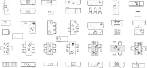 Kitchen layout symbols, top view furniture, interior design icons, CAD drawing, vector illustration, countertop setup, appliance plan, dining zone, bar stools, schematic grid