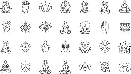 Meditation icon set, mindfulness symbols, spiritual wellness visuals, CAD drawing, vector illustration, lotus, eye, heart, balance, energy