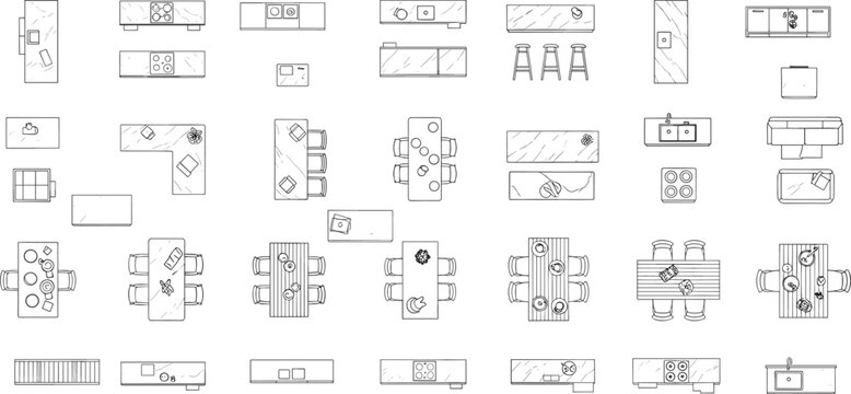 Kitchen layout symbols, top view furniture, interior design icons, CAD drawing, vector illustration, countertop setup, appliance plan, dining zone, bar stools, schematic grid