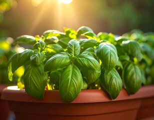 Lush, green basil plants bask in golden sunlight in a terracotta planter