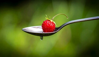 Miniature red strawberry on a silver spoon with water drop