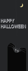 Happy Halloween party invitation with a stylized mannequin head, cartoon spider, and crescent moon on a black background. Bold white text with drop shadow for a spooky festive design
