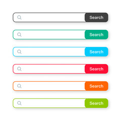 Obraz premium Various search bar templates. Internet browser engine with search box, address bar and text field. UI design, website interface element with web icons and push button. Vector illustration.