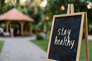 Sign promoting wellness in a park setting. The message encourages a healthy lifestyle in a natural outdoor environment.