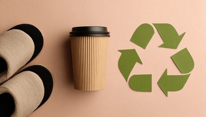 A pair of beige house slippers and a recycled paper coffee cup sit on a muted peach background, highlighting eco-friendly choices.