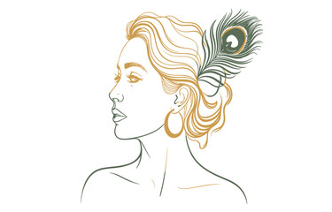 Elegant continuous line drawing of a woman's profile adorned with a peacock feather vector