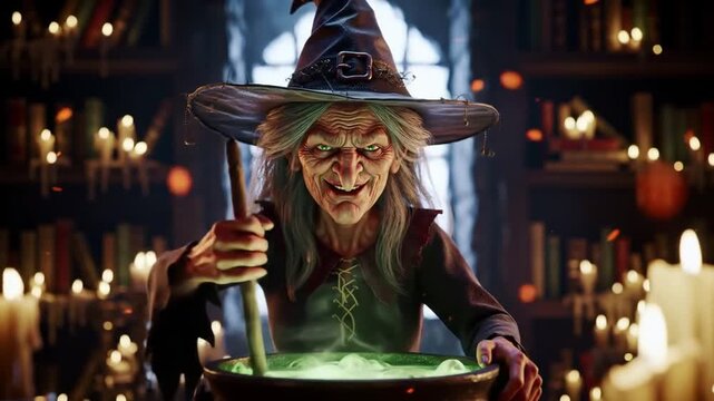 Creepy witch stirs bubbling potion in her cauldron, casting spells with flickering candles and old books, perfect for Halloween promotions