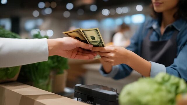 Traditional retail environment with cashier scanning groceries while customer counts cash at register, symbolizing everyday retail checkout interaction, customer payment habits, and consumer