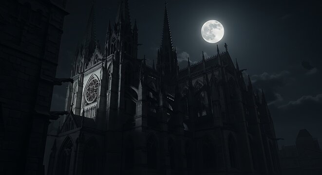 Ethereal Gothic Cathedral Silhouette Under a Luminous Full Moon Night Sky.