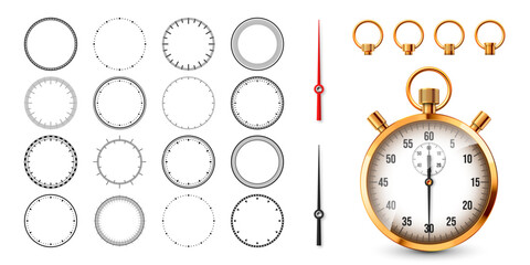 Realistic classic stopwatch. Shiny golden metal chronometer, time counter with dial. Countdown timer showing minutes and seconds. Time measurement for sport, start, finish. Vector illustration.