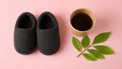 A pair of dark gray slippers sits atop a light pink surface, accompanied by a disposable coffee cup and a sprig of fresh leaves.