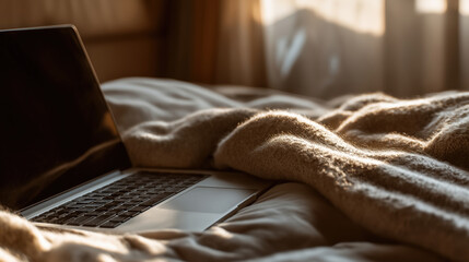 Early Morning Work From Bed with Laptop on Cozy Blanket