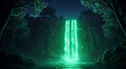 Obraz premium Ethereal Green Waterfall Cascading Through Dark Forest at Night, Fantasy Scene.