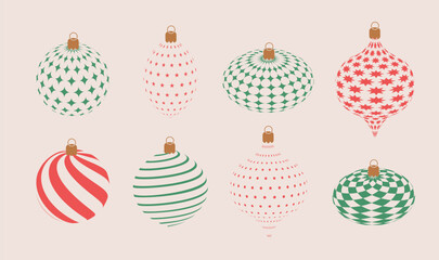 Happy New year 2026 Christmas baubles with minimal geometric ornaments, vintage clipart collection. Perfect for banner, flyer, label, postcard, sale, stickers. Retro style vector illustration.