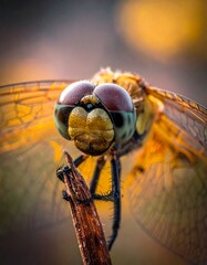 Macro photograph of a dragonfly perched on a twig, captured in detail