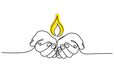 Continuous single line drawing of hands holding a flame symbolizing hope and light vector
