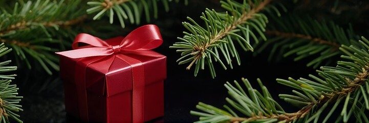 wrapped red gift box with a satin ribbon placed among dark green fir or spruce branches against a moody black background, giving, celebration, anticipation, and classic Christmas aesthetics