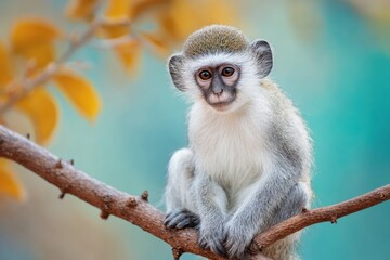 Obraz premium Endangered monkey species sitting gracefully on a branch, surrounded by soft foliage, showcasing its unique features and natural habitat in a serene environment