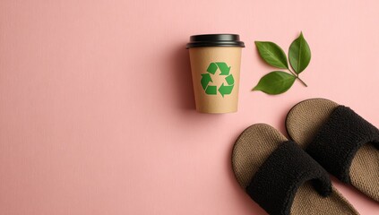 Recyclable coffee cup and comfortable slippers on a pastel pink surface, showcasing an eco-friendly lifestyle.