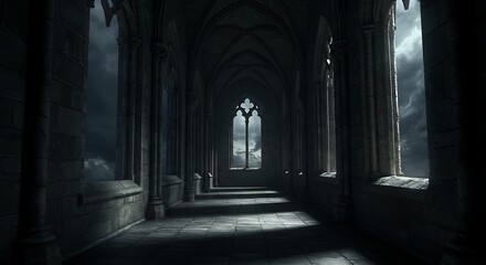 Fototapeta premium Ethereal Light Rays Pierce the Gloom of a Grandiose Gothic Hallway.