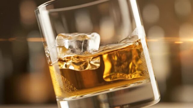 Glass of whiskey with ice on bar counter. Alcoholic beverage in a tumbling glass for party concept close up footage.