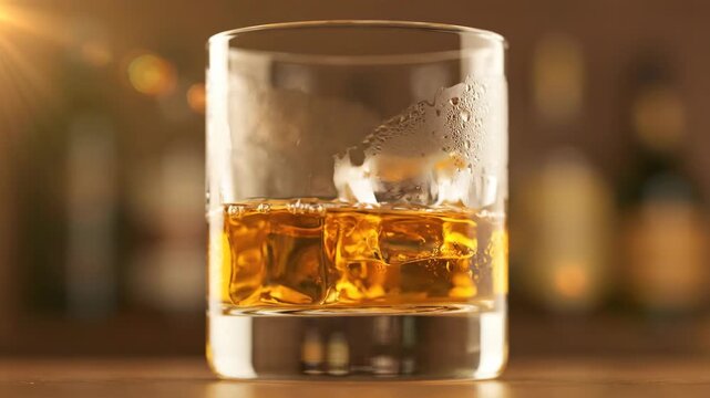 Whiskey with ice cubes in a glass rotating and splashing on a bar counter, refresh drink concept, footage