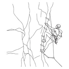 Minimalist black-and-white illustration of climber ascending steep rock face with rope and harness. Perfect for climbing, adventure, and motivational content
