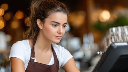 A young staff member stands at a counter, ready to assist guests with a friendly smile while using a digital tablet for service