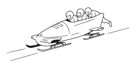 Minimalist black-and-white illustration of bobsled team speeding down ice track. Perfect for winter sports, teamwork, and active lifestyle content. Ideal for websites, social media, advertising, and p