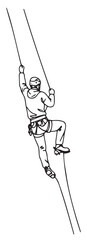 Minimalist black-and-white illustration of climber with harness ascending rope on steep cliff. Perfect for climbing, adventure, and motivational content
