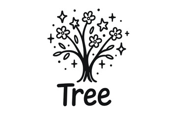 Fototapeta premium Whimsical Doodle Tree. Doodle seasonal tree with stars, blossoms, and sparkles, center word “Tree” in black and white isolated