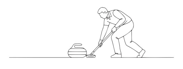 Minimalist black-and-white illustration of curler sliding stone on ice rink with broom nearby. Perfect for winter sports, team play, and active lifestyle content