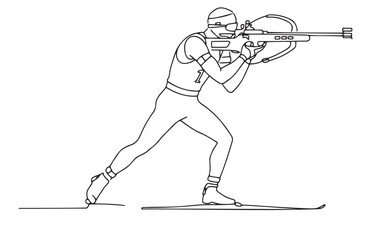 Minimalist black-and-white illustration of biathlete skiing with rifle on shoulder. Perfect for winter sports, precision, and active lifestyle content