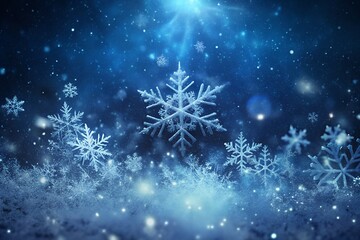 Magical winter wonderland with sparkling snowflakes and blue light