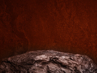 Natural Dark Grey Stone Rock Podium or Presentation Display with red brown stone background for Product Showcase and Beauty Cosmetic Advertising. Organic, Minimalist Stone Stand.
