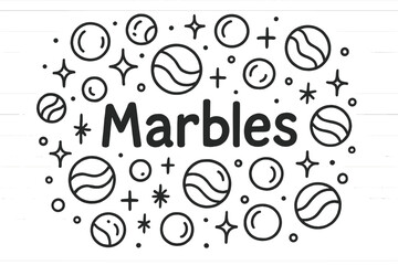 Doodle Marbles Design. Doodle marbles with stars, sparkles, and circles, center word &ldquo;Marbles&rdquo; in black and white isolated