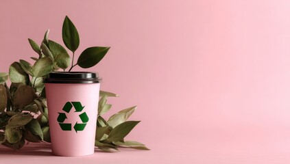 A pastel pink disposable coffee cup with a recycling symbol sits amidst soft green foliage against a solid pink background, promoting sustainable practices.