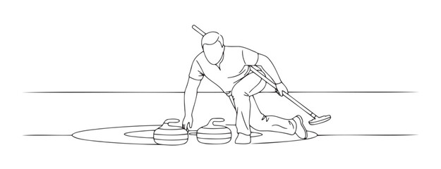 Minimalist black-and-white illustration of curler sliding stone on ice rink with broom nearby. Perfect for winter sports, team play, and active lifestyle content