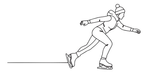 Minimalist black-and-white illustration of skater gliding forward in motion with bent knees and arms out. Perfect for winter sports, speed, and active lifestyle content