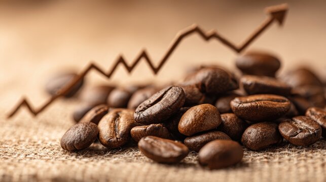Coffee beans scattered on burlap background with a rising chart symbolizing market growth. - Powered by Adobe