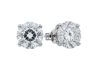 Pair of diamond stud earrings isolated on transparent background featuring round cut gems