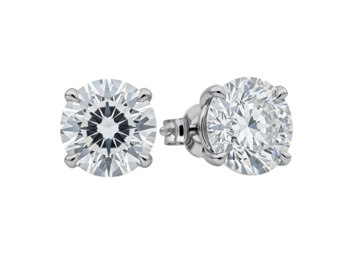 Pair of diamond stud earrings isolated on transparent background featuring round cut gems