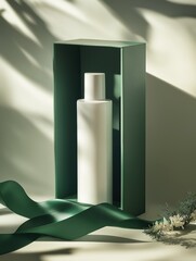 High-end minimalist white skincare bottle presented in an emerald green box with ribbon and delicate shadows on a clean background