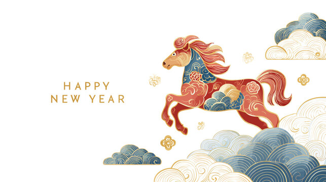 Ornamental horse leaps among swirling clouds, with "Happy New Year" text