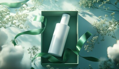 An elegant white cosmetic bottle mockup inside a green gift box with delicate ribbon surrounded by soft clouds and flowers on light blue background