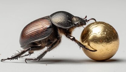 A dung beetle rolls a golden ball with its hind legs. Animal insect. White background.