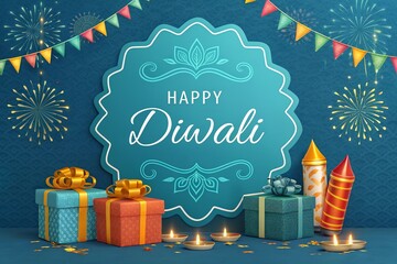 Diwali celebration illustration with traditional diyas illuminating a golden festive night.