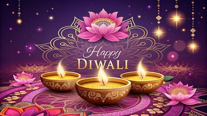 Happy Diwali scene with glowing diyas and traditional decorations for celebration.