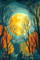 Enchanting Autumn Forest with Full Moon and Vibrant Foliage